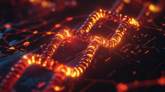 Glowing blockchain chain linking decentralized data network