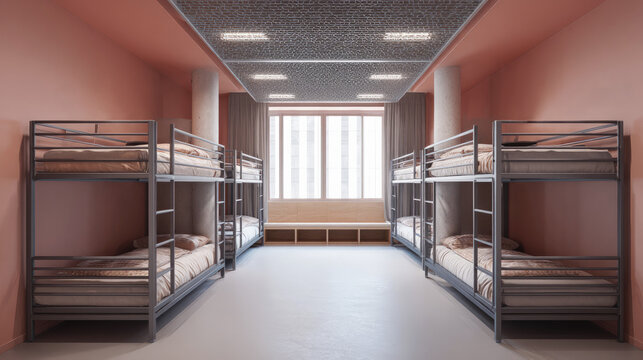 Modern shared hostel room with metal bunk beds and minimal design.