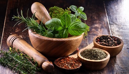Fresh Herbs And Spices With Wooden Pestle And Mortar On Rustic Surface