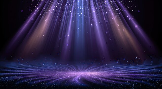 Dramatic purple and blue spotlights illuminate a stage floor with sparkling particles