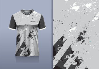 T-shirt mockup abstract texture grunge sport jersey design for football, soccer, racing, esports, running, gray black color