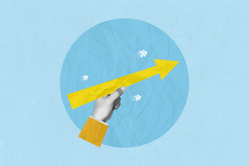 Fototapeta na wymiar Creative art collage of man hold carry yellow arrow development path direction success statistics growth aim achievement