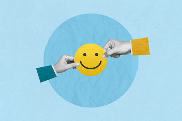 Creative art collage of service rating, positive feedback and satisfaction concept. Customers choose it smile face emoticon indicating satisfaction level of service users