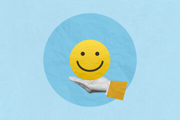 Creative art collage of service rating, positive feedback and satisfaction concept. Hand holding smile face emoticon indicating satisfaction level of service users
