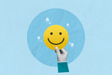 Creative art collage of service rating, positive feedback and satisfaction concept. Hand holding smile face emoticon indicating satisfaction level of service users