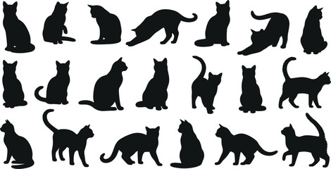 Set of Twenty Different Black Cat Silhouettes in Various Poses, Including Sitting, Stretching, and Walking, Representing Pets, Animals, and Halloween Concepts.