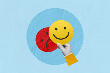 Creative art collage of service rating, positive feedback, satisfaction. Customer choosing it smile face emoticon indicates the highest level of satisfaction