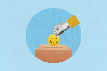Customer review, service rating, positive feedback satisfaction concept. Creative art collage of A man putting rating feedback emoticon into feedback box