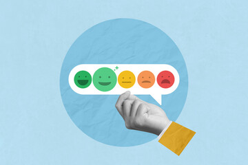 Customer review, service rating, positive feedback satisfaction concept. Hand holding with rating feedback emoticon indicating satisfaction level of service users