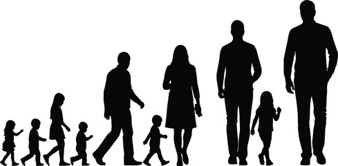 Diverse Silhouettes of Families and Individuals Walking Together, Representing Different Generations, Growth Stages, Parenting, and Human Life Cycle Concepts.
