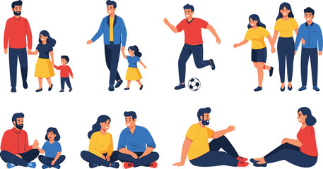 Family activities illustration set showing parents and children playing, walking, and bonding together in various outdoor and indoor lifestyle scenes