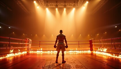 A male boxer stands in a ring surrounded by flames. The arena is illuminated with dramatic lighting, creating an intense atmosphere for the match.
