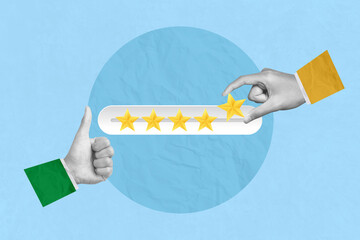 Customer review, service rating, satisfaction and positive feedback. Customer hold star to review give five star rating indicates the highest level of satisfaction