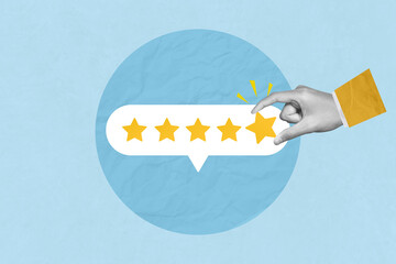 Customer review, service rating, satisfaction and positive feedback. Customer hold star to review give five star rating indicates the highest level of satisfaction
