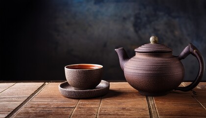 Rustic Ceramic Teapot And Tea Cup On A Textured Wooden Table