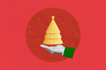 New Year background, merry christmas banner, greeting card, banner. Hand hold christmas tree on red background. Festive holiday illustration