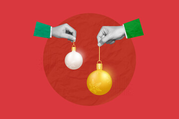 New Year background, merry christmas banner, greeting card, banner. Hands holding christmas ball on red background. Festive holiday illustration