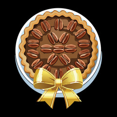 Rich Pecan Tart with a Golden Crust and Abundant Nut Topping Tied with an Elegant Golden Ribbon - Vector Illustration