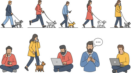 Collection of People Walking Dogs, Talking on the Phone, and Working on Laptops, Representing Daily Routine, Digital Nomads, and Urban Lifestyle Activities.