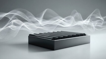 Black vector of a futuristic battery cell emitting waves of renewable energy. Detailed yet minimal over white background.