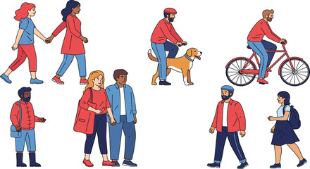 Outdoor people illustration set, diverse characters walking, cycling, dog walking, casual lifestyle scenes, modern flat style artwork for community activities.