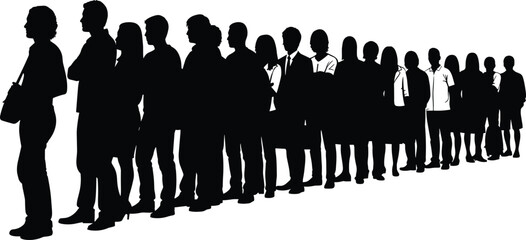 Long Line of Diverse People Standing in a Queue, Showing Crowded Public Place, Waiting, Patience, Customer Service, and Social Distancing Concepts.