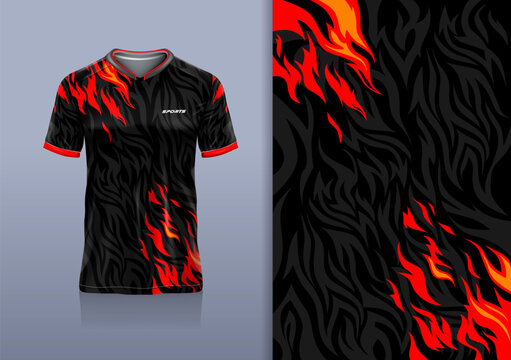 Sport jersey design template mockup flame fire line for football soccer, running, esports, red black color