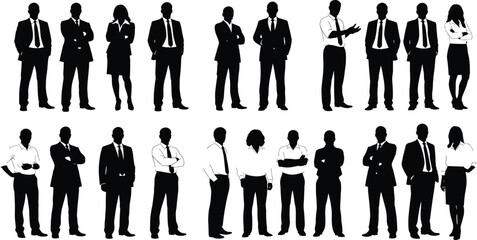 Full length silhouettes of professional business people standing in various poses, diverse collection of corporate men and women workers isolated on white background, group staff.