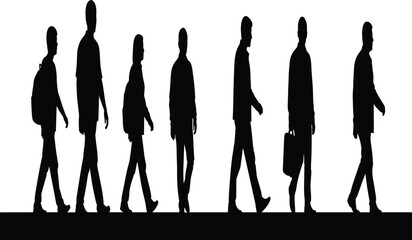 Silhouette illustration of people walking in a line, representing urban commuters, daily routine, movement, transportation, and modern city lifestyle on a white background