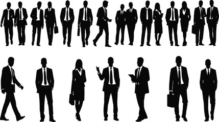 Silhouettes of professional business people walking, standing, and gesturing, diverse group of corporate men and women isolated on white, full length workers collection.