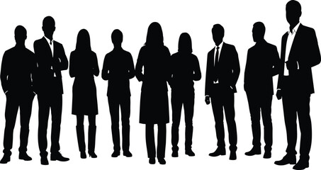 Silhouettes of a confident professional business team standing together, diverse group of corporate men and women staff isolated on a white background, full length portrait.