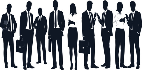 Silhouettes of a professional corporate business team standing together,  