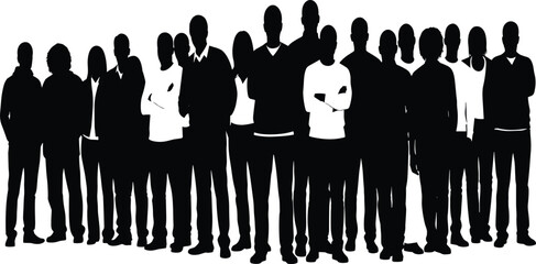 Large diverse group of standing people silhouettes, community crowd illustration, teamwork concept, business group unity, collective human figures, black and white graphic