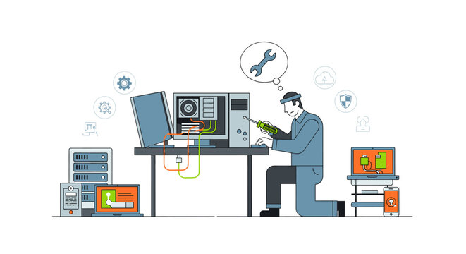 A focused IT technician expertly repairs a desktop computer, surrounded by electronic devices, symbolizing dedicated technical support and efficient system care.