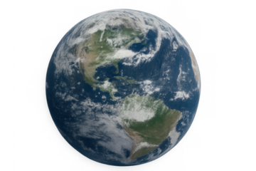 Earth globe showing north and south america, global planet with continents, oceans, and clouds, transparent background
