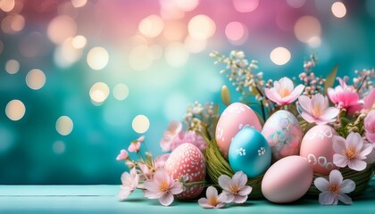 Easter Eggs And Flowers In A Spring Arrangement Against A Soft Teal And Pink Bokeh Background