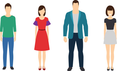 Flat vector illustration of four diverse people standing, modern character design, casual fashion outfits, isolated figures, simple minimal style artwork.