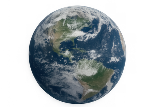 Earth globe showing north and south america, global planet with continents, oceans, and clouds, transparent background