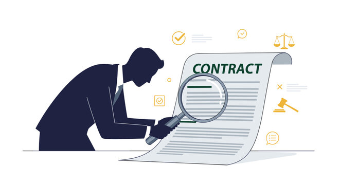 A professional person carefully examines a legal contract document with a magnifying glass, symbolizing thorough review and agreement.