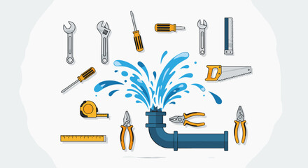 A vibrant vector illustration depicts a burst pipe gushing water, surrounded by essential plumbing tools for urgent home repair and maintenance.