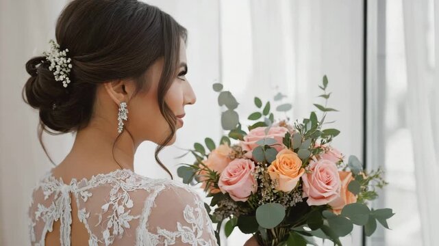 Elegant bride holding bouquet of roses, showcasing intricate lace dress and serene ambiance