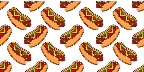 Fototapeta premium Colorful hand-drawn hotdog seamless pattern with mustard and ketchup, perfect for background, textile, and packaging