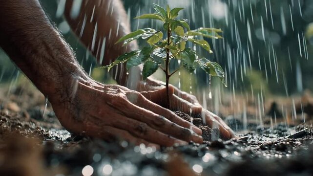Hands planting seedling in soil during rain