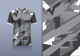 T-shirt mockup with abstract stripe lines grunge sport jersey design for football, soccer, racing, esports, running, in gray color
