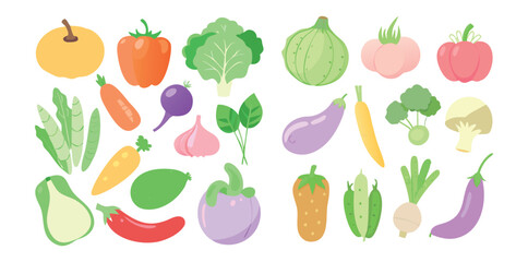 Soft Pastel Vegetable Icons | Colorful Flat Food Vector Set | Organic Veggie Clipart