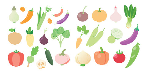 Soft Pastel Vegetable Icons | Colorful Flat Food Vector Set | Organic Veggie Clipart
