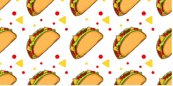 Colorful hand-drawn taco seamless pattern with fresh ingredients. Perfect for T-shirt, print, poster, textile, and fun food-themed design