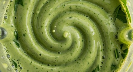 Green smoothie swirl top view with creamy texture
