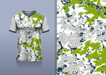 T-shirt mockup with abstract camouflage pattern jersey design for football, soccer, racing, esports, running, in blue white green color