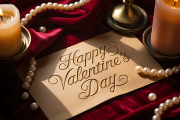 Elegant Valentine's Day greeting card with burning candles and pearl necklace for a romantic celebration, expressing love and affection in a beautiful display